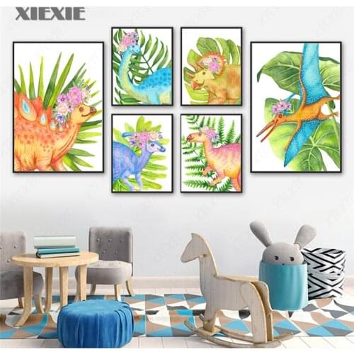 Dinosaur Green Leaf Monstera Flower Wall Art Canvas Painting Nordic Posters and Prints Nursery Wall Pictures Boy Kids Room Decor