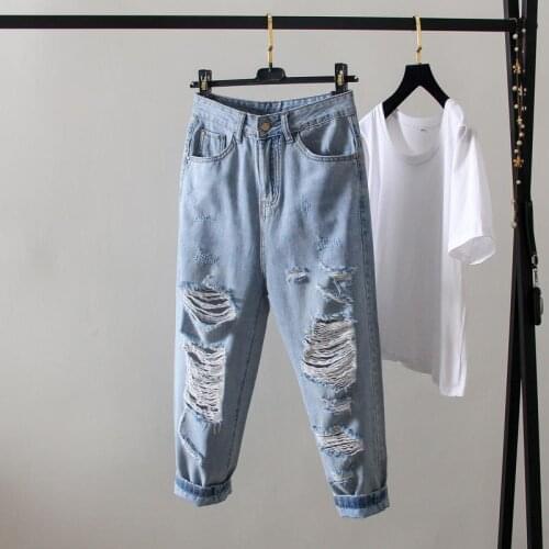 2020 Trousers Women Large Size Jeans Female Casual Loose Ripped Jeans for Women Denim Pants Streetwear Mom Jeans HK410