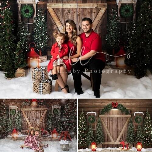 Christmas Rustic Door Birthday Cake Smash Backdrop Christmas Trees Wreath Background Lamp Snow Winter Retro Portrait Photography