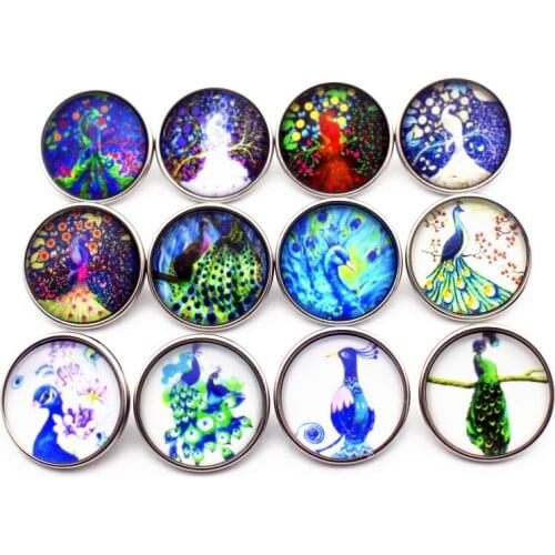 Hot Sale 12pcs/lot High Quality Beautiful Peacock Glass Snap Buttons Charms Fit 18mm/20mm Snap Necklace Bracelet DIY Jewelry