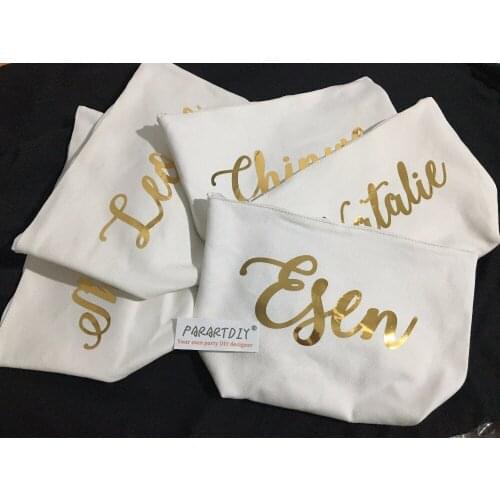 Personalised gold Bridesmaid names wedding Gift Make Up Bags Unique Gift for Bridal shower Party Bags favors