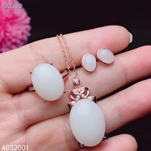 KJJEAXCMY fine jewelry natural white jade 925 sterling silver women pendant necklace ring earrings set support test exquisite