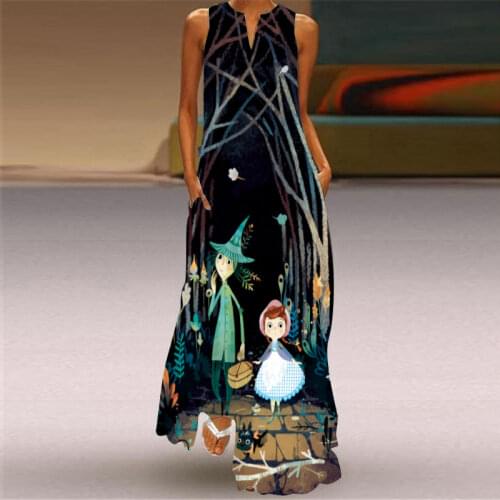 Print Summer Dress Floral Casual Sexy Bohemian Dresses Women Party Dress V-neck Sleeveless Pocket Plus Size Floor-Length Dress