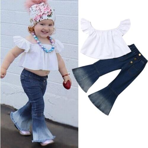 Summer Kids Girls Off Shoulder Ruffle Tank Tops Flared Jeans Long Pants 2PCS Outfit Children Girls Clothes