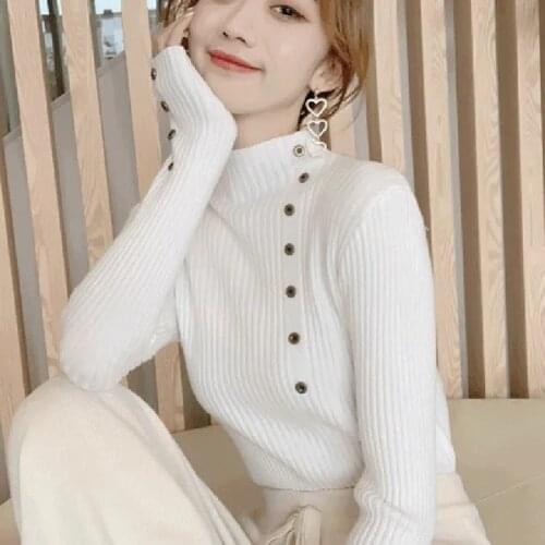 New Slim Knitted Sweater Women Pullover Autumn Winter Knitwear Elasticity Buttons Solid Warm Sweter Casual Bottoming Shirt 2021
