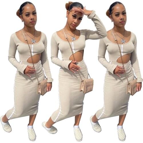 2021 Autumn New Womens Fashion Sexy Waistless Solid Color Stitching Long-Sleeved Threaded Dress