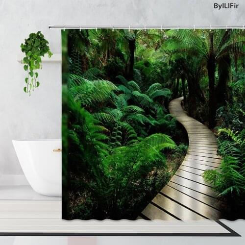Green Jungle Plant Path Landscape Shower Curtains Tropical Forest Palm Tree Corridor Home Decor Bathroom Waterproof Bath Curtain