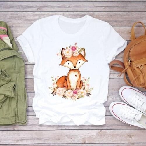 Women Cartoon Kawaii Fox Cute Flower Animal 90s Print Lady T-shirts Top Womens Graphic T Shirt Ladies Female Tee T-Shirt
