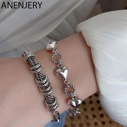 ANENJERY 925 Sterling Silver Circle Heart Bracelet for Women Vintage Tassel Bracelet Jewelry Gifts S-B507