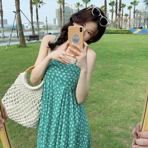 Summer Women Korean Style Retro Leisure Vacation Beach Slim Dress Flower Printed Small Fresh Mid-Length Suspender Skirt Green