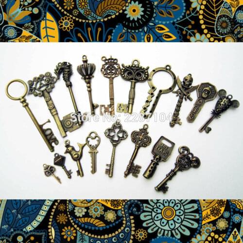 18pcs/lot Antique Bronze Vintage Retro Old Look Decor Skeleton Key Necklace Pendant Bow Steampunk Charms Amulet Jewelry DIY Set5