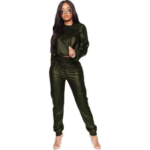 2020 Women PU Leather Two Piece Set Top and Pants Streetwear Hooded Casual Tracksuit Matching Sets Spring Autumn 2 Piece Outfits