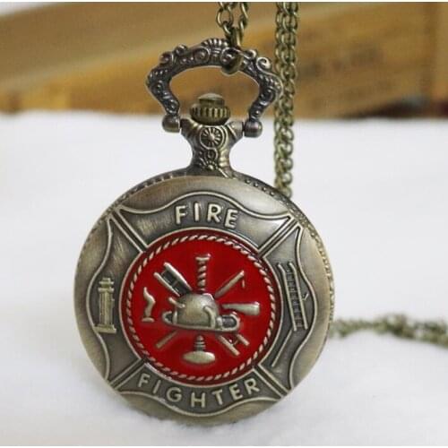50pcs/lot Bronze Fire Fighter Quartz Pocket Watches Necklace Pendant Men Gift Watches for Christmas
