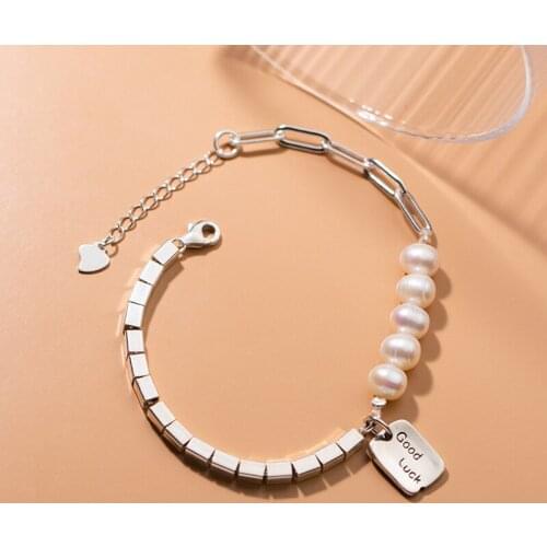 Asymmetry Bracelet Real. 925 Sterling Silver Jewelry Freshwater baroque Pearl &Oval Square Cube Chain Wrist Bracelet C-S4547