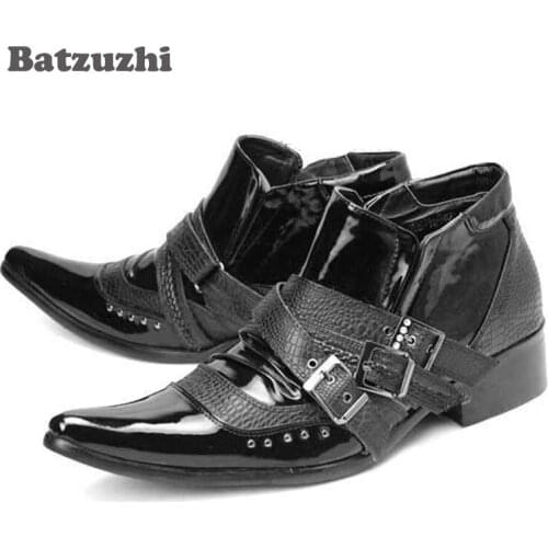 Batzuzhi Japan Hot Sales!! Super Star boots leather pointed toe rivet smooth leather man boots casual black big size 44 45