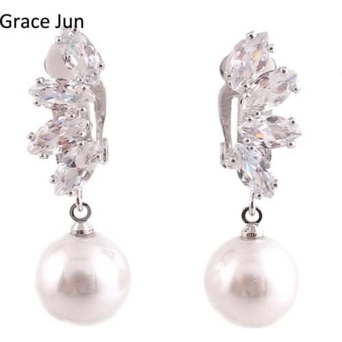 Grace Jun New Arrival Bridal AAA CZ Leaves Shape with Simulated Pearl Clip on Earrings Non Piercing for Women Not Allergy
