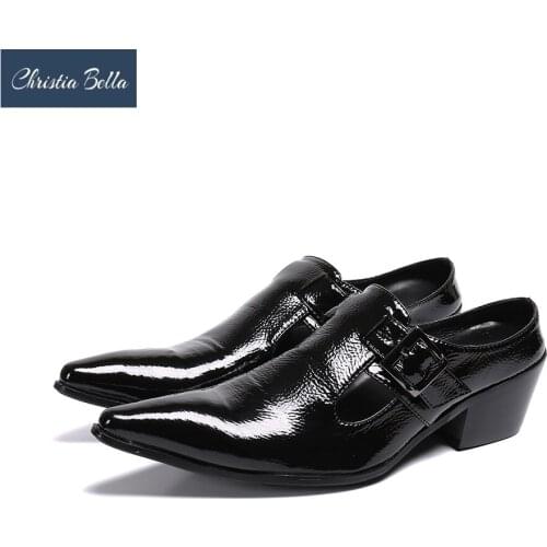 Christia Bella British Mid Heel Real Leather Men Mules Black Pointed Toe Party Leather Shoes Slip on Male Flat Shoes Big Size