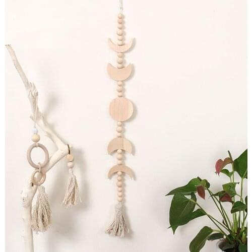 Wood Star Moon Wall Hanging Ornaments Wood Bead Garland With Tassel Boho Home Decoration For Kid Room Living Room Nursery Decor