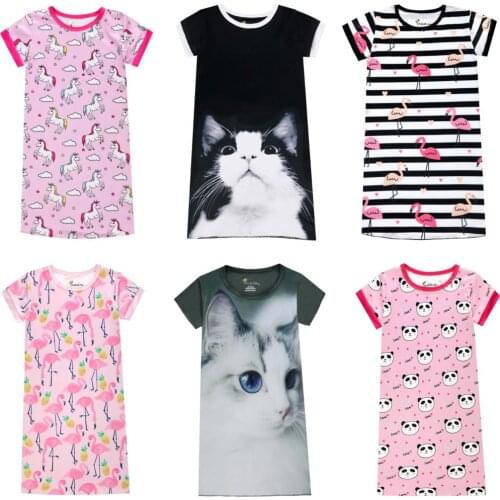 Children Summer Dresses 3D Cat Unicorn Panda Flamingo Swan Printed Dress For Girl Nightgowns Kids Nightdress Baby Sleepwear