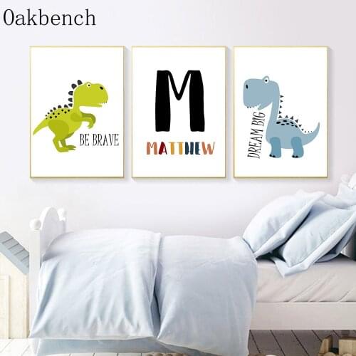 Dinosaur Animal Print Custom Name Wall Art Canvas Poster Nursery Painting Playroom Baby Posters Wall Pictures For Boy Room Decor
