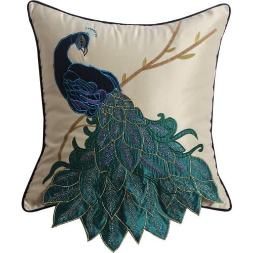 High End Satin Cushion Cover Living Room Decoration Peacock Embroidery Turquoise Blue Pillow Case Imitation Silk Pillow Covers