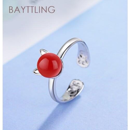 BAYTTLING Hot Selling 925 Sterling Silver Cute Cat Pearl Open Ring For Woman Fashion Wedding Party Gift Jewelry