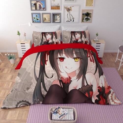 Date A Live Tokisaki Kurumi Anime Duvet Cover Set Soft Double Frosted Fabric Bedding Set 3/4pcs with Sheet or Fitted Sheet
