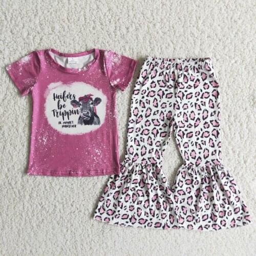 Clothing Sets Girl Short Sleeves Leopard Grain Bell Bottom long Pants Outfits Boutique Kid Children Clothes