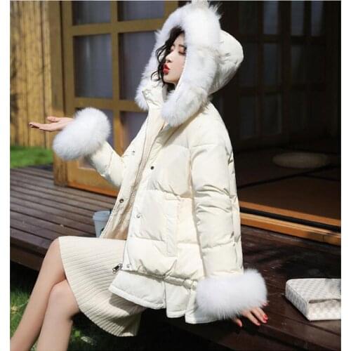 Women Artificial Removable Fox Fur Collar Winter Graceful Jacket Wear Coats Student Mid-Long Ruffle Down Cotton Outerwear