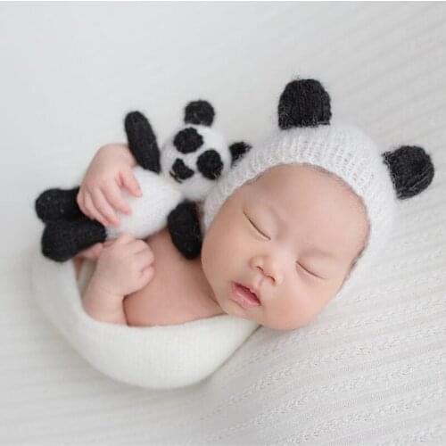 Newborn Baby Mohair Panda Hat+Doll Photography Props Infant bebe fotografia Accessory Baby Boy Girl Photo Shoot Cartoon Hat Prop