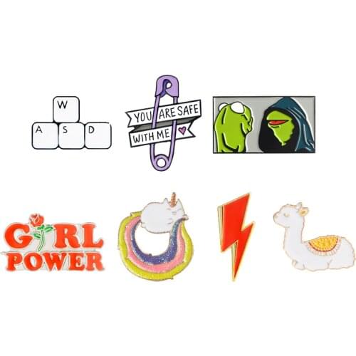 Cartoon pins Collection ! Keyboard Girl Power Baby Llama Rainbow Cat Flash Animal Badges Lapel pin collection