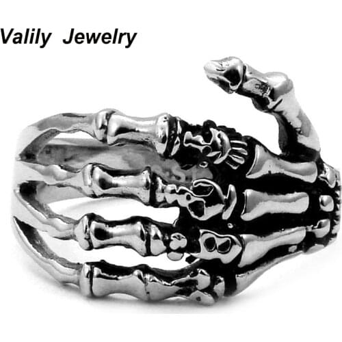 EdgLifU Men Ring black Vintage Punk Skeleton Rings Stainless steel Skull Hand Ring Finger Bone Rings for Women gift rings