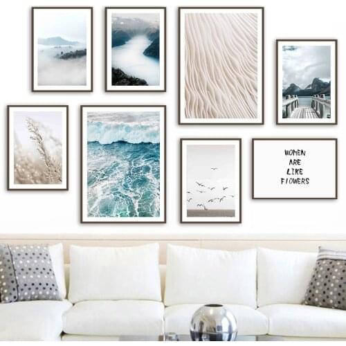 Mushrooms Mountains Pier Seagull Waves Wall Art Canvas Painting Nordic Posters And Prints Wall Pictures For Living Room Decor