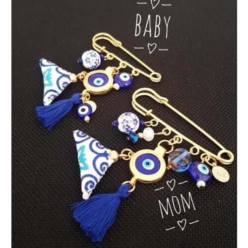 Handmade Mother and Baby Authentic Lapel Pin Nazar Boncugu and Amulet Special design Unique Gift accessory