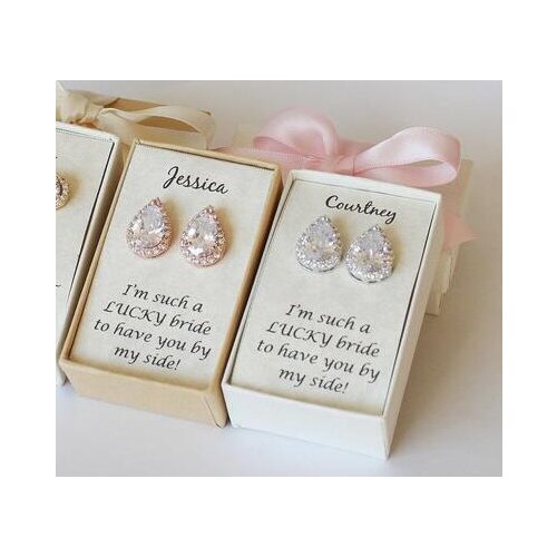 Personalized names quote Bridesmaid proposal gifts Rose gold tear drop earrrings, Bridal Party WeddingCubic Zirconia Earrings