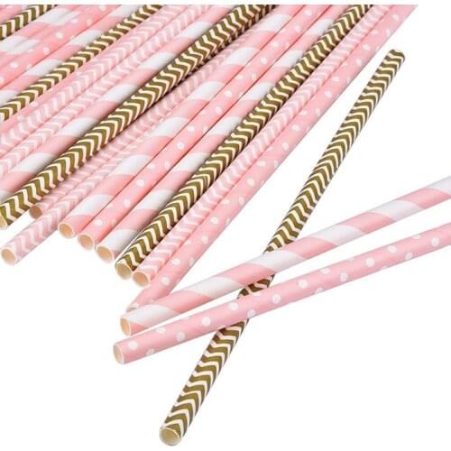 Drinking Paper Straws pink gold striped mixed kids birthday wedding decorative party decoration event supplies 25pcs/lot