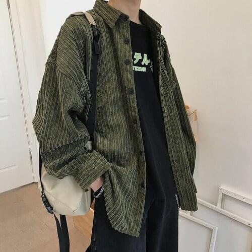 2021 Autumn Corduroy Shirt Mens Fashion Solid Color Casual Vintage Shirt Men Streetwear Wild Loose Long Sleeved Shirts Male 2XL
