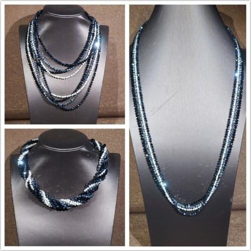 Hand knotted 4strands 95-100cm natural white freshwater pearl glass crystal necklace long sweater chain fashion jewelry