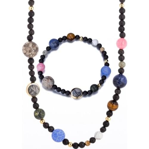 Solar System Nine Planets Beaded Stretch Necklaces Bracelets Set Rock Lava Stones Women Jewelry Set