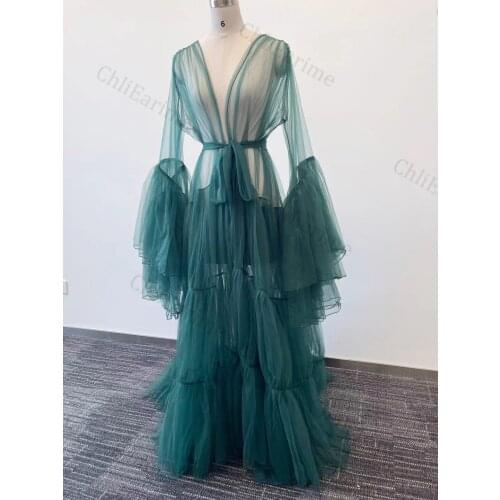 Bridal Boudoir Gown Tulle Illusion Sexy Trumpet Sleeves Long Suit Custom Bathrobe