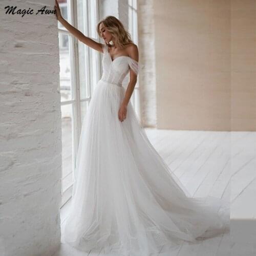 Magic Awn 2021 Off The Shoulder Wedding Dresses Boho Simple Beaded Sash Beach A-Line Mariage Gowns Cheap Vetsidos Boda