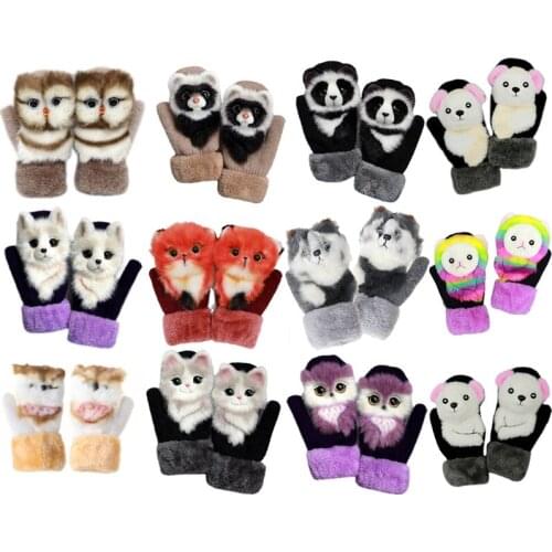 Women Men Winter Knit Gloves Cute 3D Fluffy Cartoon Animal Decor Thickened Plush Lining Windproof Thermal Warm Mittens