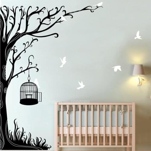 Swirly Tree With Bird Cage Vinyl Wall Decal Stickers Tree With Flying Birds Nursery Baby Bedroom Living Room Home Decor LL2504