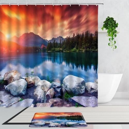 Beautiful Sunset Mountain Peak Lake Scenery Shower Curtains Winter Forest Outdoor Landscape Home Decor Bathroom Curtain Bath Mat