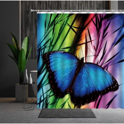 Shower Curtain Blue Butterfly Natural Plant Colorful Background Flowers 3D Printing Waterproof Bathroom Curtains Set With Hooks