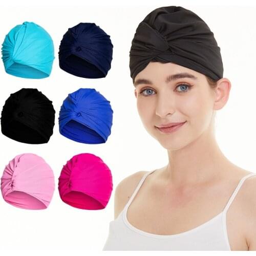 Women Adjustable Swimming Cap Swim Pool Bathing Hat Protect Long Hair Ears Turban Pleated Fabric Headwear Yoga Caps Multi Colors