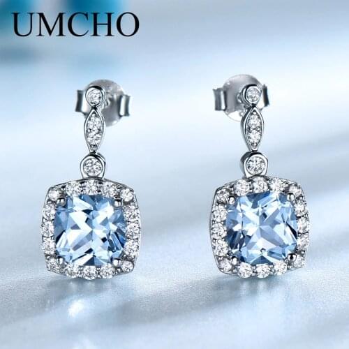 UMCHO Genuine 925 Sterling Silver Earrings Hot Sell Created Nano Sky Blue Topaz Earrings Engagement Gift For Women Fine Jewelry