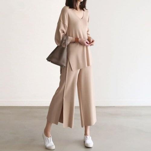 Women Knitted Sweater Two Pieces Sets Autumn Winter V-Neck Loose Pullovers Sweater Tops & Wide-Leg Pants Knitwear 2Pc Suits