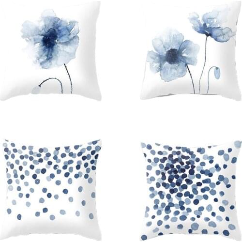 4PCS Nordic Style Ink Blue Flower Abstract Concise Print Pillowcase Peach Skin Velvet Throw Pillows Cover 45X45cm