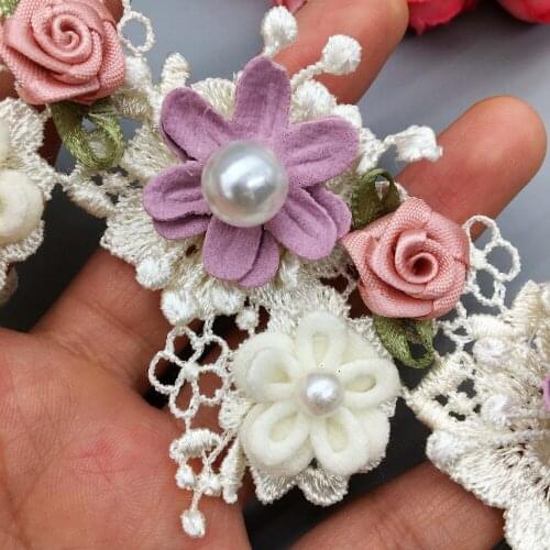 5x Polyester Colorful Pearl Rose Flower Apricot Lace Trim Ribbon Fabric Embroidered Sewing Craft For Costume Wedding Dress D
